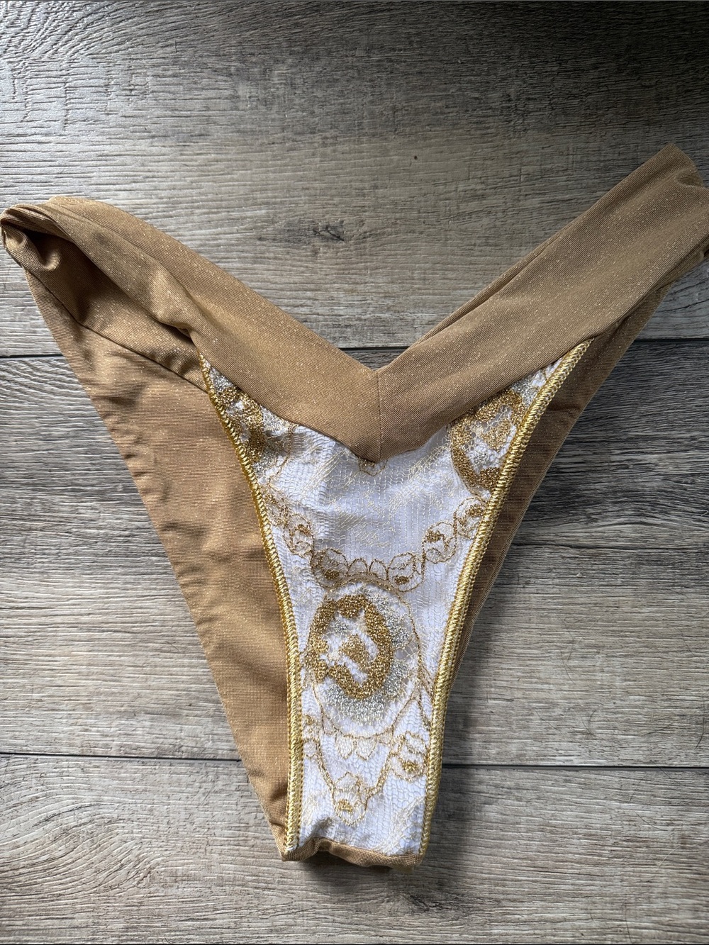 NWOT Luli Fama Tan and Gold Embroidered Bikini Set DD top/Medium Bottom - Picture 5 of 5